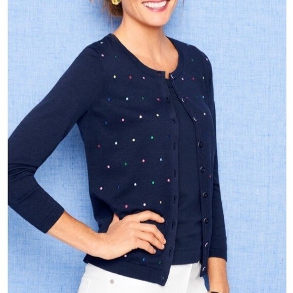 Talbots Sweaters - Talbots Charming Polkadot Cardigan Sz PM New Navy Embroidered Colorful